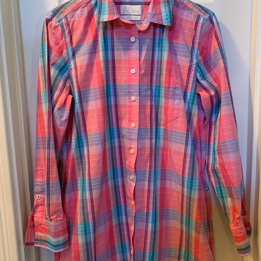 J. Crew Pink and Blue Plaid Long Sleeve Shirt Dress - Picture 3 of 10